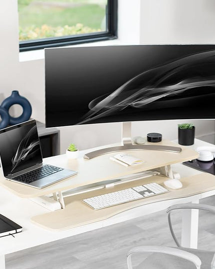 VIVO 42 inch Desk Converter, K Series, Height Adjustable Sit to Stand Riser, Dual Monitor and Laptop Workstation with Wide Keyboard Tray, Light Wood Top, White Frame, DESK-V042KF