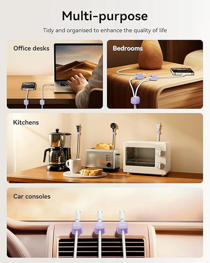 6 Pack Cable Management Cord Organizer, Magnetic Cable Clips-1s Lock, Rocoren Desk Adhesive Cord Cable Clip Wire Holder Keeper for Phone Charger Wire, Nightstand, Car, Office, Desktop Accessory,Purple
