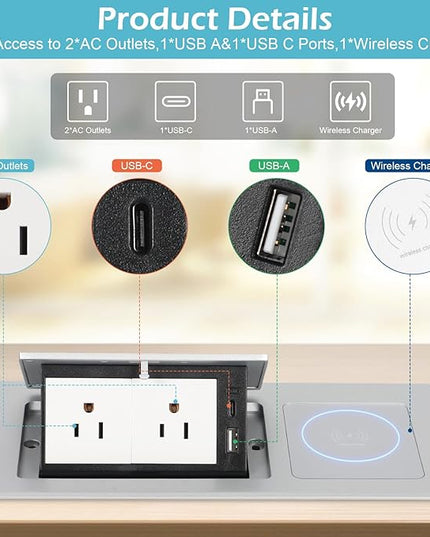 Pop Up Outlet with 15W Wireless Charger, Power Strip with 2 AC Outlets, USB A and USB C Charging Ports Recessed Multimedia Strip Socket Hidden Table Connection Box with Outlet (Sliver-F-Wireless)