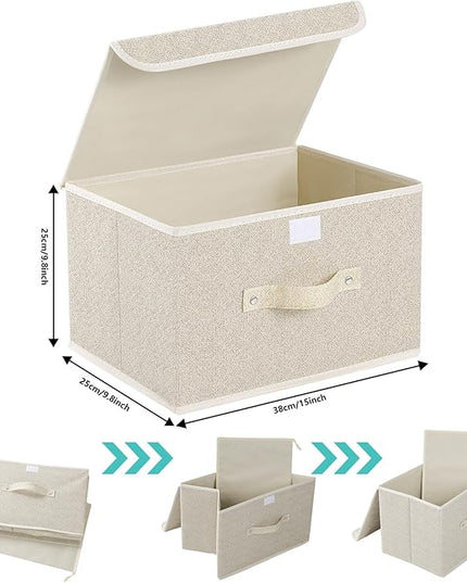 Fabric Storage Bins Cube Organizers with Flip-Top Lid and Handles,Storage Boxes for Organizing Home,Office,and Closet,Grey and Beige,3 Pack 15 x 9.8 x 9.8 in