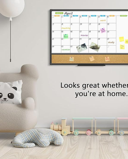 JILoffice Magnetic Calendar Whiteboard & Bulletin Corkboard Combination, Combo Board 36 x 24 Inch, Black Aluminum Frame Wall Mounted Board for Office Home and School with 10 Push Pins