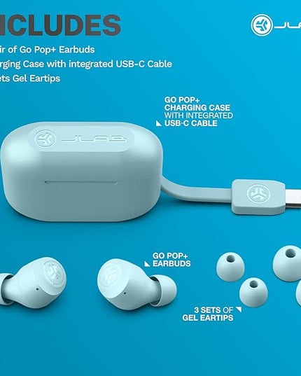 JLab Go Air Pop+ True Wireless Earbuds, in Ear Headphones, Bluetooth Earphones, 35H Playtime Ear Buds, Bluetooth Earbuds with Microphone, USB-C Charging Case, Dual Connect, EQ3 Sound, Light Blue