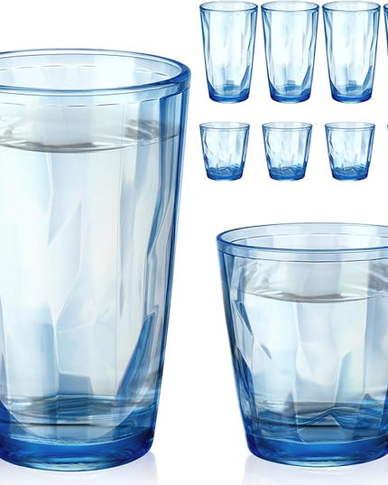 Set of 8 Plastic Drinking Glasses 16 Oz and 10 Oz Reusable Plastic Tumblers Acrylic Tall and Short Unbreakable Water Cups for Indoor Outdoor Home Picnic Party(Blue)