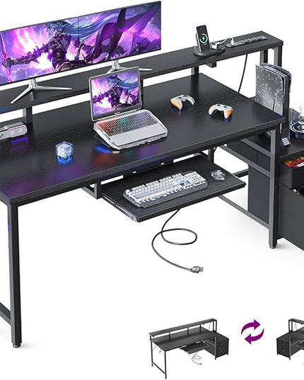 AODK Computer Desk with Drawers and Keyboard Tray, 63" Office Desk with Power Outlet, Reversible Study Work Desk with Printer Shelf and File Cabinet for Home Office, Black