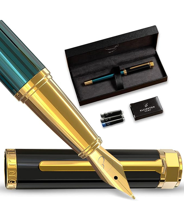 Ellington Pens Luxury Fountain Pen Set - Extra Fine Nib - Includes 3 Ink Cartridges, Refillable Ink Converter, Gift Box -Fountain Pens For Writing, Calligraphy, Journaling, Sketching (Urban Hunter)