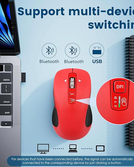 Wireless Bluetooth Mouse (USB + BT1 + BT2), Full Size, 4-Way Scrolling, Multi-Device Silent Mouse for Computer, Laptop, iPad, MacBook (Red)
