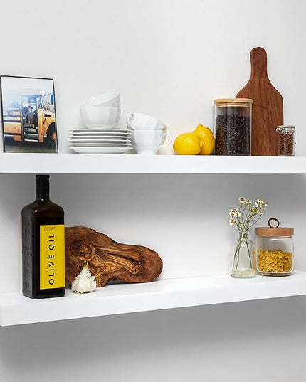 Homeforia White Floating Shelves 36 inch, High End Solid Real Wood 36inch Floating Shelf for Wall Mounted, White Wooden 36in Long Floating Shelves, Heavy Duty Bracket, 36 X 6.5 X 1.75 inches, Set of 3