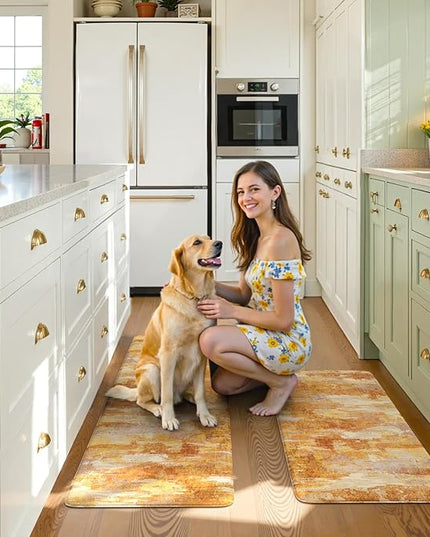 Collive Kitchen Mats Cushioned Anti Fatigue, Fall Modern Abstract Kitchens Floor Mat Non Skid Waterproof Sink Rugs, Memory Foam Comfort Standing Carpet for Office, 20" x 47" + 20" x 32"-Orange