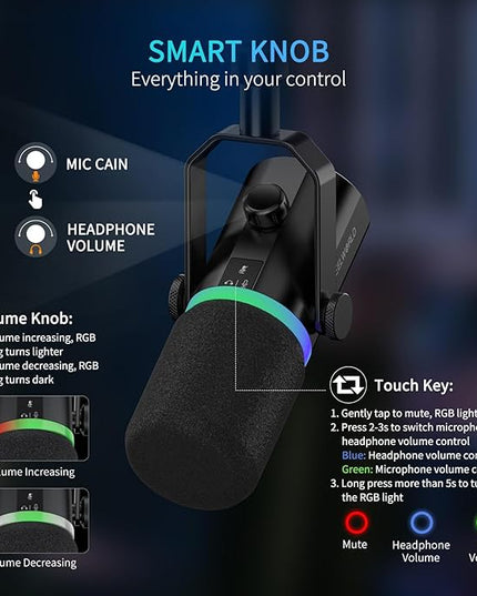 FEELWORLD PM1 XLR USB Dynamic Microphone with Desktop Stand Gifts for Podcast Recording PC Computer Gaming Live Streaming Vocal Voice-Over, Studio Metal Mic, RGB Light, Mute Button, Headphones Jack