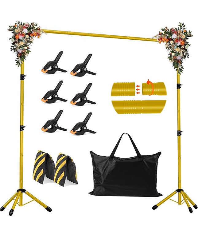 JSungo 10x8.5 FT Backdrop Stand for Parties, Adjustable Photo Backdrop Stand Kit with Carrying Bag, Portable Background Stand Backdrop for Wedding, Photoshoot, and Photo Studio, Gold