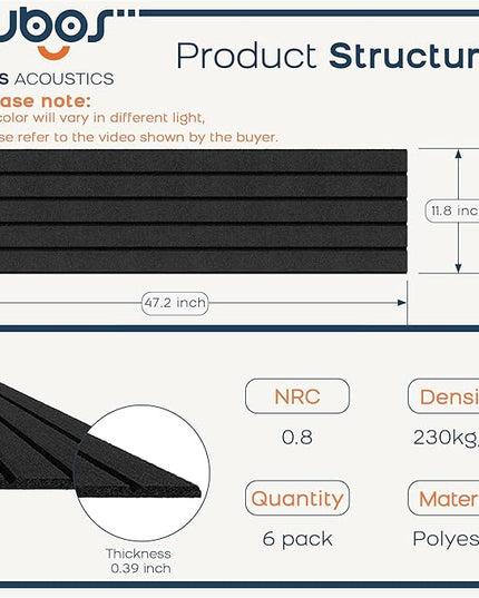 BUBOS 6 Pack Large Acoustic Panels,48x12Inch SoundProof Panels for Walls,Self Adhesive Acoustic Wall Panels,Decorative Sound Panels for Home Studio Office (Black 01)