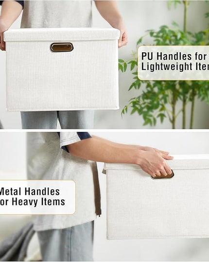 17" Large Collapsible Storage Bins with Lids, Stackable Closet Organizers with PU Handle and Labels, 3-Pack Decorative Fabric Storage Boxes for Home, Bedroom, Closet, Office, Nursery(White)