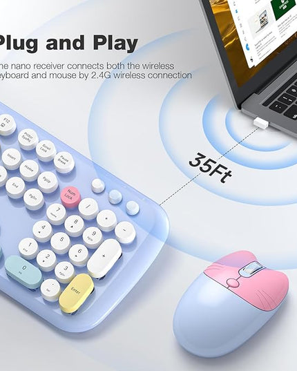 Wireless Keyboard and Mouse Combo, 2.4G Retro Typewriter Keyboard with Number Pad and Cute Ambidextrous Wireless Mouse for Computer Laptop