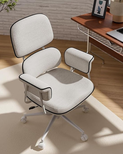Fabric Office Chair with Granular Linen, Mid Back Vintage Desk Chair with Wheels and Wide Arms, Mid Century Modern Home Office Desk Chairs with Memory Foam Seat Cushion, Adjustable Height, White