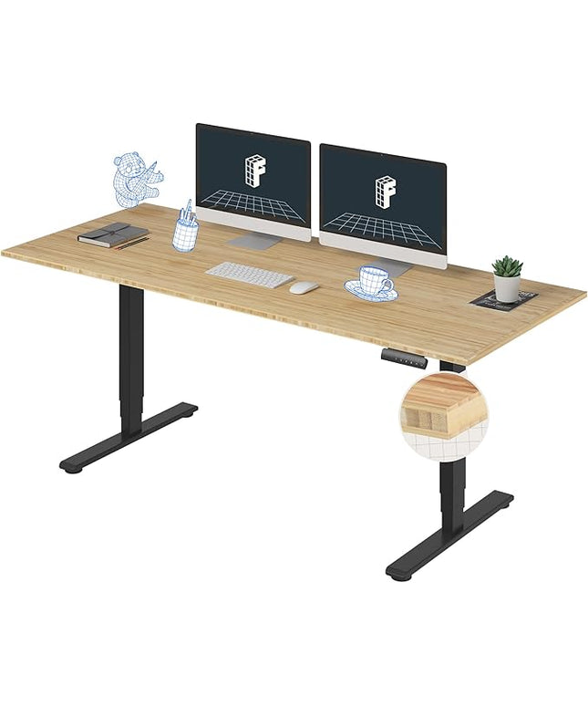 FlexiSpot E6 Bamboo 3-Stage Dual Motor 72 x 30 Electric Standing Desk Sit Stand Up Desk, Holds 220 lbs, Adjustable Height w/ Memory Presets, Solid Bamboo Desktop & Black Frame, Ships in 2 Boxes