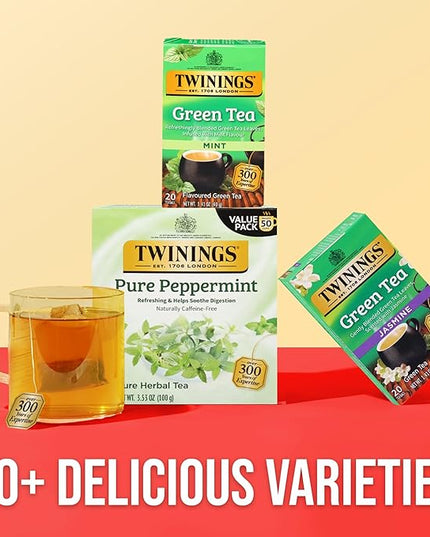 Twinings Green Tea with Mint Individually Wrapped Bags, 20 Count (Pack of 1), Invigorating Aroma, Caffeinated, Enjoy Hot or Iced, 20 Teabags