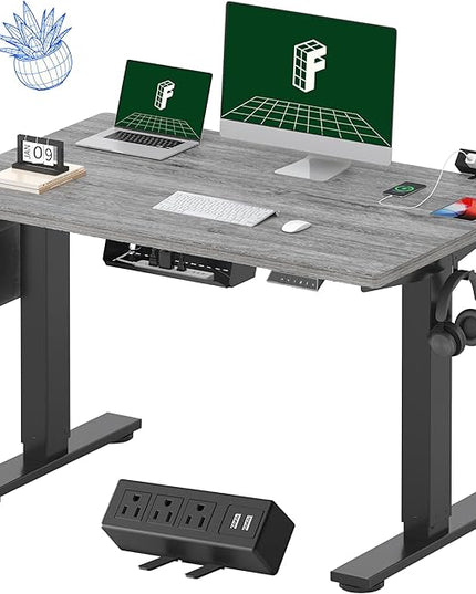 FLEXISPOT EN2 Whole-Piece Standing Desk with Clamp Power Strip, 48 x 30 Electric Stand Up Height Adjustable Desk with Cable Management (Black Frame + 48" Gray Wood Grain Desktop, 2 Packages)