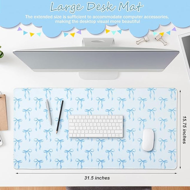 Large Blue Bows Mouse Pads Coquette Kawaii Mouse Pad 31.5 x 15.75 Inches Preppy Trendy Computer Desk Mat for Laptop with Non-Slip Rubber Base Mat Office Accessories Decor for Women