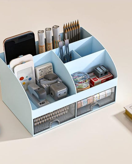 Desk Organizer with 6 Compartments and 2 Drawers, Plastic Makeup Organizer, Pen Holder for Desktop Storage, Desk Organization for School, Home, Office Supplies (Blue)
