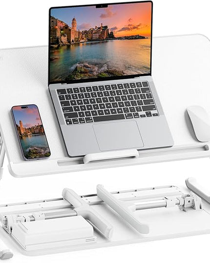 SAIJI Laptop Bed Tray Table, Adjustable PVC Leather Laptop Bed Table, Portable Standing Desk with Storage Drawer, Foldable Lap Tablet Table for Sofa Couch Floor (Large,White)
