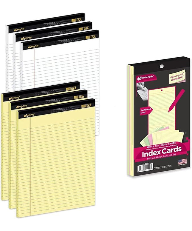 KAISA 20LB Legal Pads 8.5 x 11 6 Note pads Wide Ruled Pads 8-1/2"x11-3/4 Heavy Weight Paper Perforated Write Pads Sturdy Writing Tablets And Coloerd Tearable Index Cards 3x5