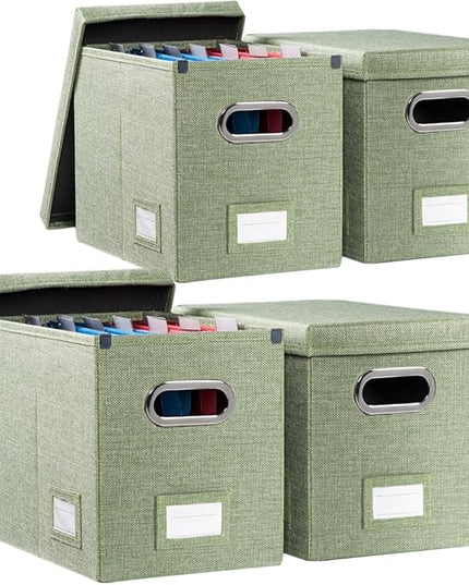 PRANDOM File Organizer Box - Set of 4 Collapsible Decorative Linen Filing Storage Hanging File Folders with Lids Office Cabinet Letter Size Green (14x9.3x10.8 inch)
