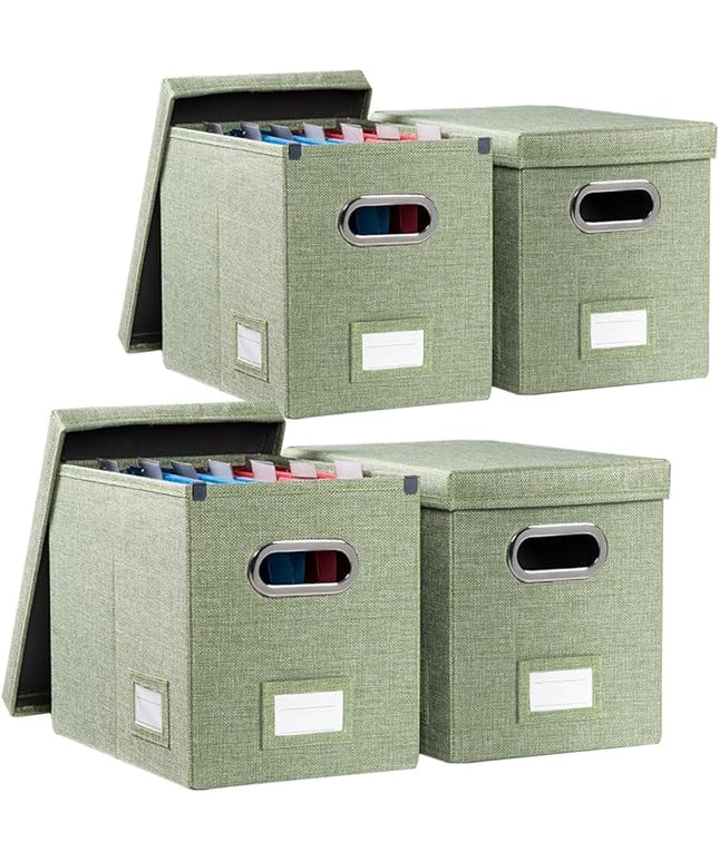 PRANDOM File Organizer Box - Set of 4 Collapsible Decorative Linen Filing Storage Hanging File Folders with Lids Office Cabinet Letter Size Green (14x9.3x10.8 inch)