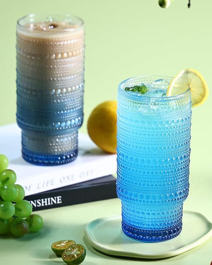 6pcs Hobnail Drinking Glasses Set, 16 oz Vintage Glassware Drinking Glasses, Gradual Blue Water Glasses Tumbler, Cups for Kitchen, Juice, Beer, Cocktail, Whiskey