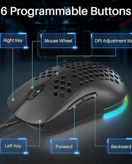 DIERYA M1SE Wired Gaming Mouse with Honeycomb Shell, 12800DPI Optical Sensor, 6 Programmable Macros, Software Support for Custom Key Config, and RGB Settings for Windows 7/8/10/XP, Vista, Linux-Black