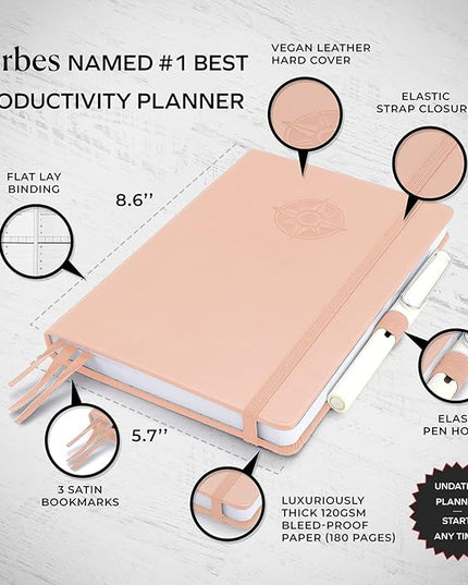 Smart Planner Pro – Undated Daily Planner – Small A5 – Achieve Goals & Increase Productivity – Weekly, Monthly, Work Sections, Organizer Diary with Back Pocket, 3 Satin Bookmarks & Pen Holder