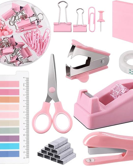 Swpeet 9Pcs Pink Office Supplies Kit, Desk Accessories Including Stapler, Tape Dispenser, Staple Remover, Tabs, Scissors, Staples, Tape, Clips and Sticky Note Ideal for Office and School