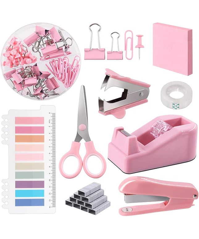 Swpeet 9Pcs Pink Office Supplies Kit, Desk Accessories Including Stapler, Tape Dispenser, Staple Remover, Tabs, Scissors, Staples, Tape, Clips and Sticky Note Ideal for Office and School