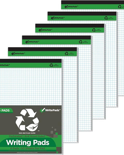 KAISA Graph Paper Legal Pads Writing Pads Recycled Paper 8.5"x11.75" Quad Ruled 4x4 Perforated 50sheets/pad Grid Paper Notepads Writing Tablet White For Office Supplies (White 6pad, 8.5x11.75'')