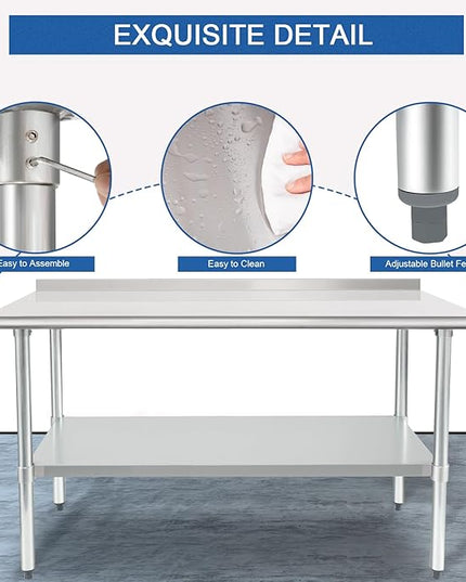 HARDURA Stainless Steel Table Prep & Work Table 24 x 60 Inches NSF Heavy Duty Commercial with Undershelf and Backsplash for Restaurant Kitchen Home and Hotel