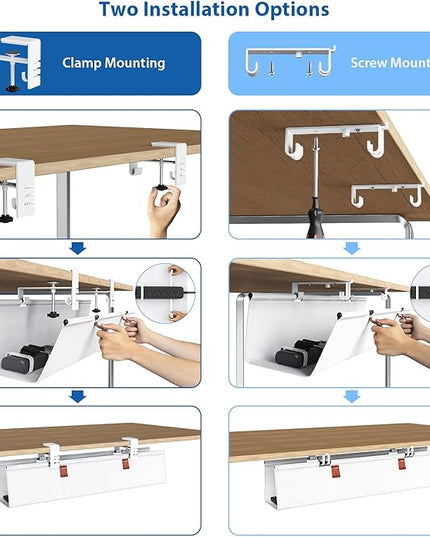 Zilink Under Desk Cable Management 30" No Drill Desk Cable Management Tray Clamp/Screw Mount Cable Tray Sturdy Waterproof Fabric Cord Organizer for Office, Home, White