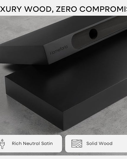 Homeforia Black Floating Shelves 24 inch, High End Solid Real Wood 24inch Bathroom Floating Shelf for Wall Mounted, Black Wooden 24in Floating Shelves, Heavy Duty Bracket, 24 X 6.5 X 1.75 in, Set of 2