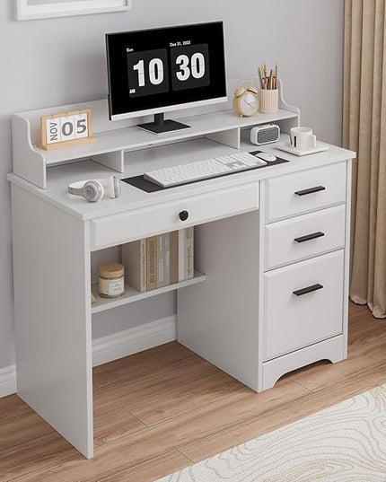 4 EVER WINNER White Desk with Drawers, Small Desk with File Drawer for Small Spaces, Writing Desk with Monitor Stand Wood Table for Study Home Office, White