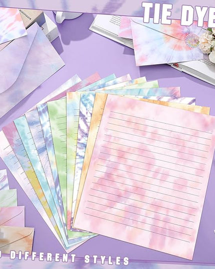 TaoBary 160 Pcs Stationery Paper Set 50 Double Sided Stationery Papers with 50 Matching Envelopes and 60 Round Dot Sticker, 10 Design(Tie Dye,8.5 x 11 Inch)