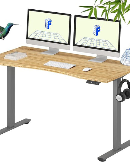 FLEXISPOT EN1 Bamboo Standing Desk, 55 x 28 Inches Whole-Piece Electric Adjustable Height Desk (Silver Frame + Bamboo Curved Desktop, 2 Packages)