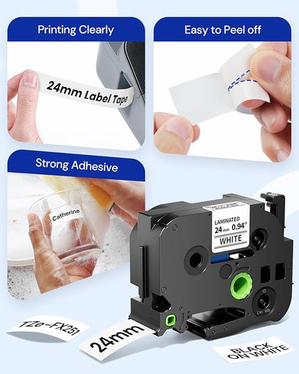 Replacement for Brother TZe-FX251 P Touch Flexible-ID Tape 24mm 0.94 Laminated White TZe TZ Flexible Label Tape 1 Inch for PT-D600, PT-D610BT, PT-P700, PT-P910BT, Black on White, 26.2 Feet, 4-Pack