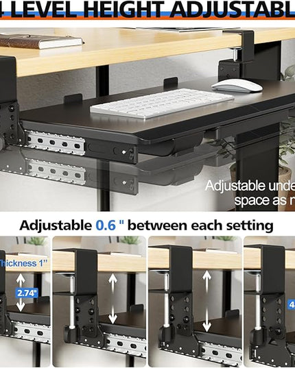 Large Height Adjustable Keyboard Tray with Sturdy C-Clamp Mount and Storage Drawer, 27"(31" Including Clamps) x 12" Slide Out Ergonomic Keyboard Trays for Home and Office, Black