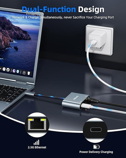 USB C to Ethernet Adapter 2.5Gbps with Power Delivery Charging, Type C to RJ45 Gigabit LAN Network Dongle, Compatible with MacOS, Windows 11/10/8/7, Linux