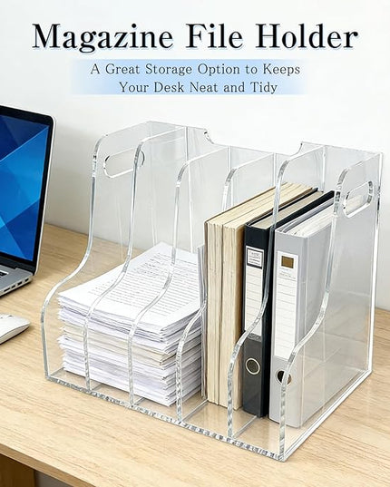 5-Tier Clear Acrylic File Holder, Vertical Document Organizer for Magazines, Binders, Notebooks & Envelopes - Multi-Purpose Desk Storage for Home Office（A4,5 Sections）