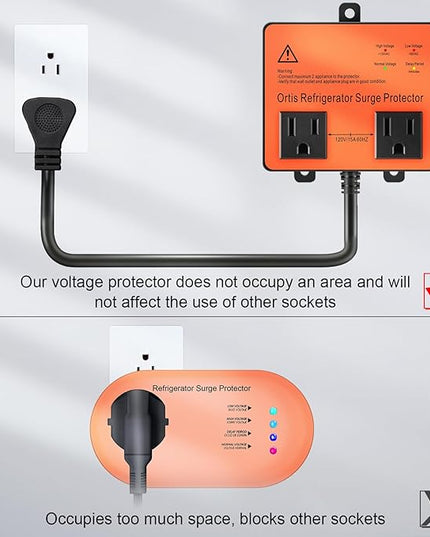Refrigerator Surge Protector, Ortis Double Outlet Voltage Protector for Home Appliances with Time Delay, Protects Against Brownout, Spike, Instant Surge All Voltage Abnormalities, Orange