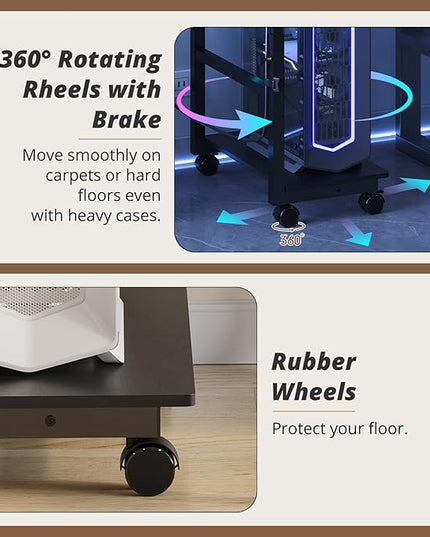 2-Tier Computer Tower Stand with Power Outlet, Height Adjustable PC Tower Stand with Wheels, ATX-Case CPU Holder Cart with Hooks for Home, Office, Gaming (Black)