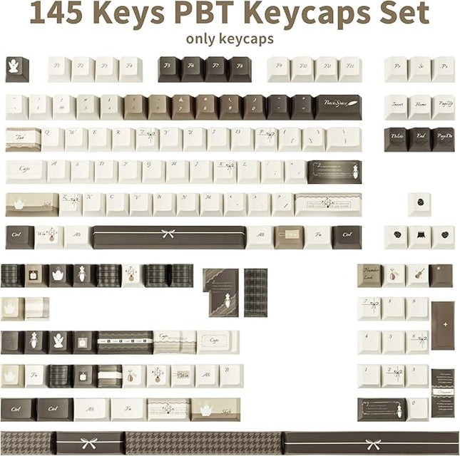 145 Keys Elegant Brown and Warm Beige Keycap Set, Five Side Dye Sublimation Cherry Profile PBT Key Caps for Mechanical Gaming Keyboard