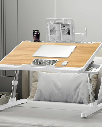 Laptop Desk for Bed, Adjustable Beds Table with USB Charge Port, Foldable Laptop Table with Storage Drawer, Portable Laptop Bed Desk Tray for Eating Working Writing Reading (Yellow)