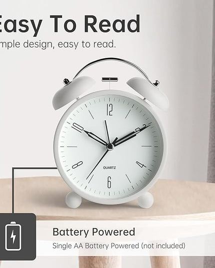Twin Bell Loud Alarm Analog Alarm Clock, 4 inch Super Silent Non Ticking Small Clock with Night Light, Battery Operated, Simple Design, Old Fashioned, for Heavy Sleeper, Bedroom, Bedside, Desk, White