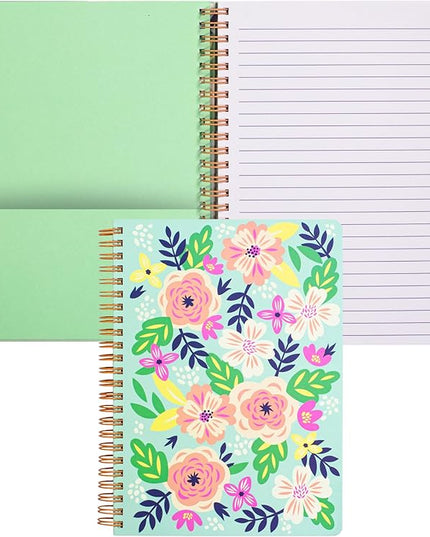 Steel Mill & Co Cute Green Mini Spiral Notebook, 8.25" x 6.25" Journal with Durable Hardcover and 160 Lined Pages, Mint Floral