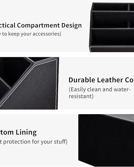 KINGFOM Pu Leather Desk Organizer with 5 Compartments Holder, Multi-Functional Office Supplies Storage Caddy for Pen/Pencil, Phones, Remote Controller and Desktop Accessorie Black